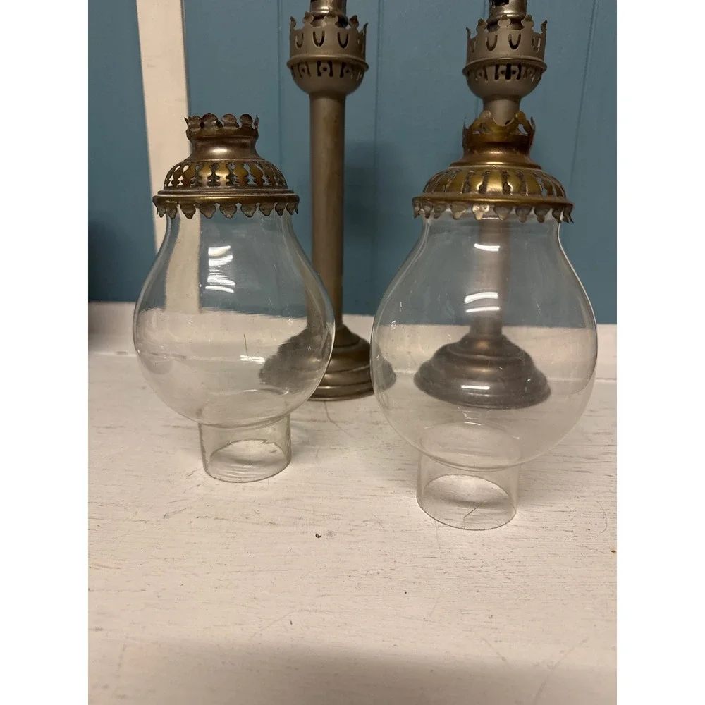 Pair Vintage Victorian Brass Oil Lamps Hurricane Glass Domes Ornate Tops *read